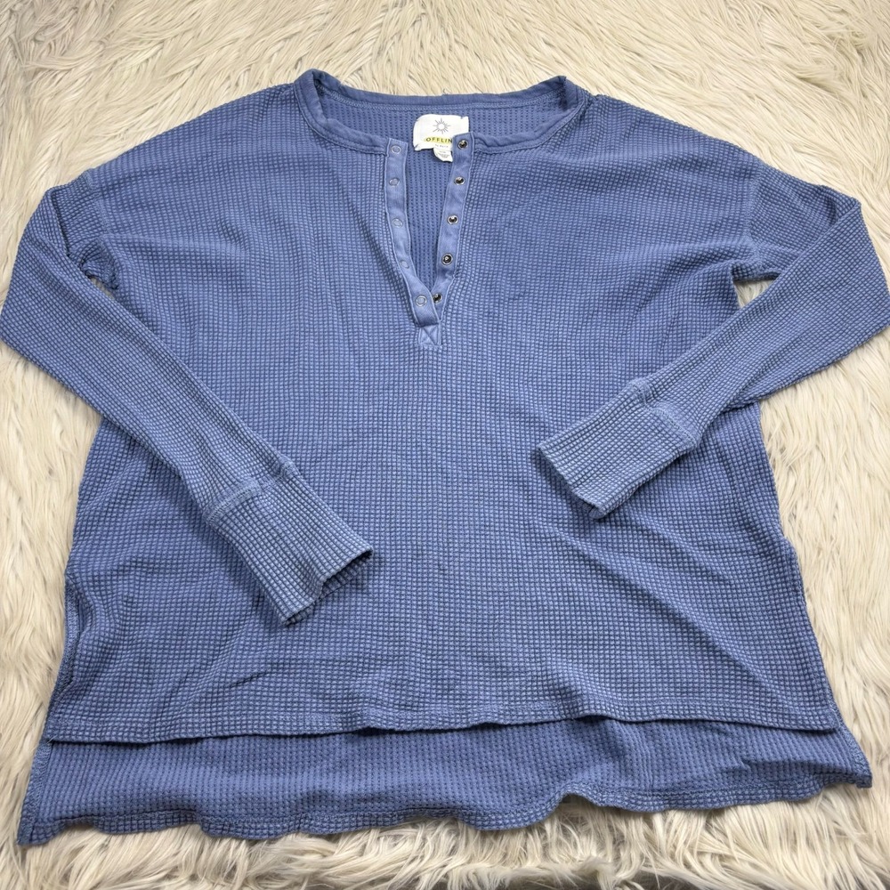 Aerie Women's S Blue Relaxed Waffle Knit Henley Shirt Distressed Lounge Cozycore